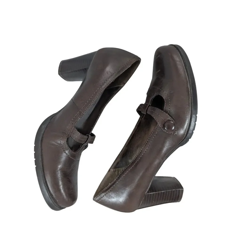 BASS! FAB ESPRESSO BROWN GENUINE LEATHER MARY JANE STYLE STACKED HEELS! SZ 7M
